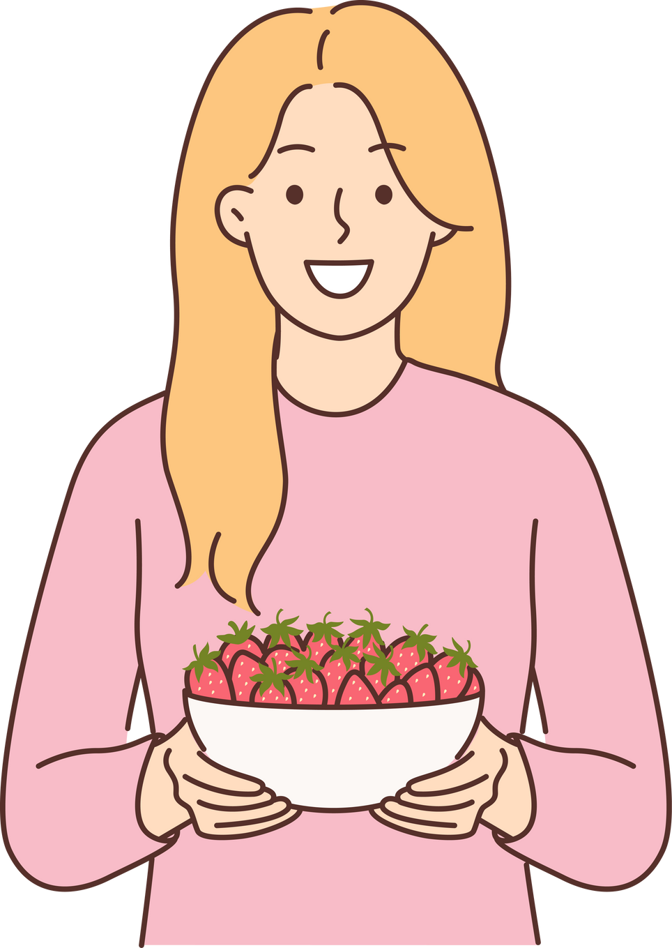 Woman holds plate of strawberries and smiles, offers to try fresh berries and farm fruits